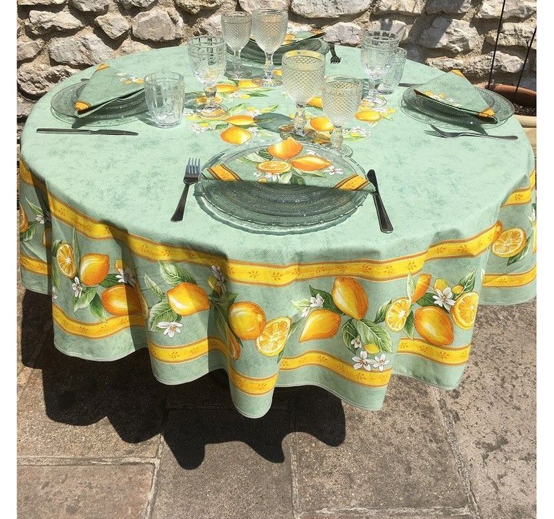 Citron green Coated Cotton Round Tablecloth (59")