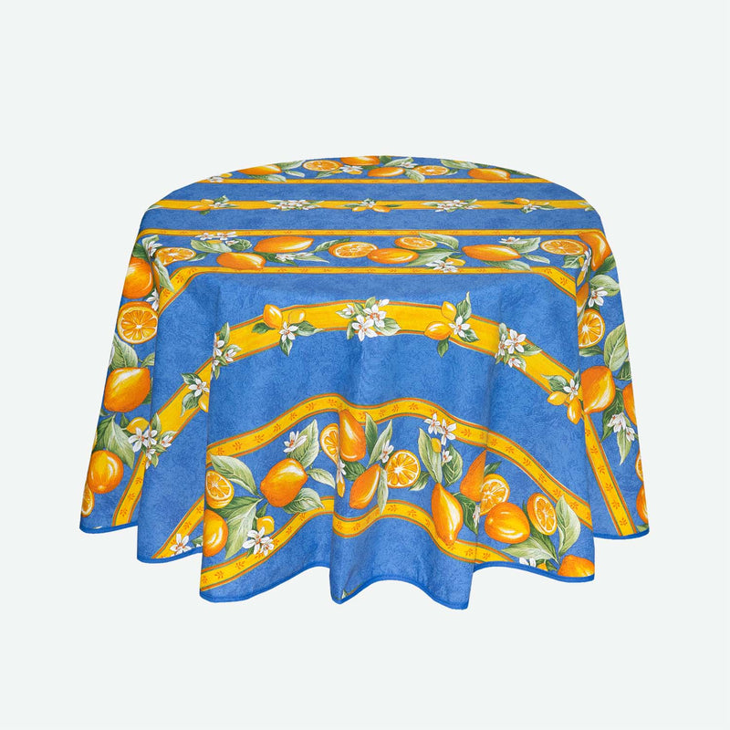 Citron Blue Coated Cotton Round Tablecloth (59")
