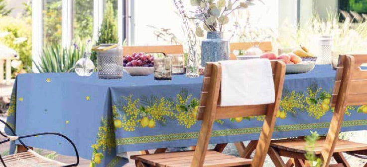 Citron/Mimosa Blue Coated Cotton Tablecloth