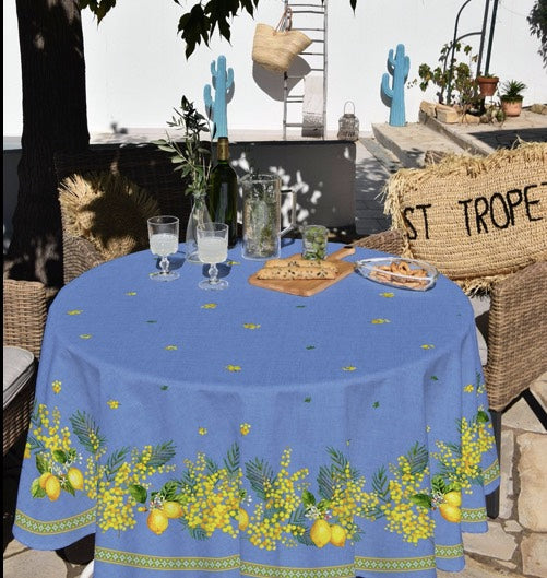 Citron/Mimosa Blue Coated Cotton Round Tablecloth