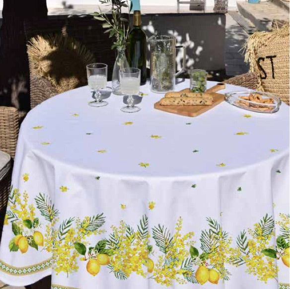 Citron/Mimosa White Coated Cotton Round Tablecloth
