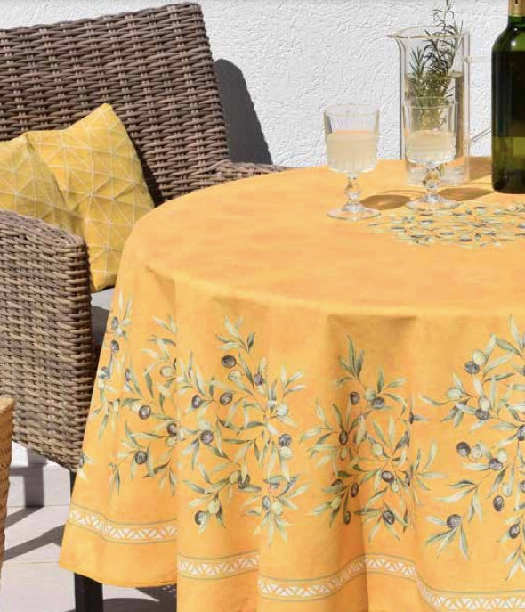 Oliveraie Yellow Coated Cotton Round Tablecloth