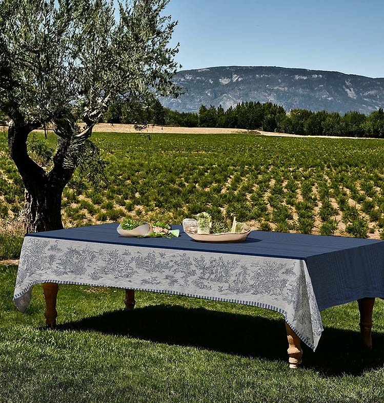 Toile de Jouy Blue Teflon-Coated Jacquard Tablecloth