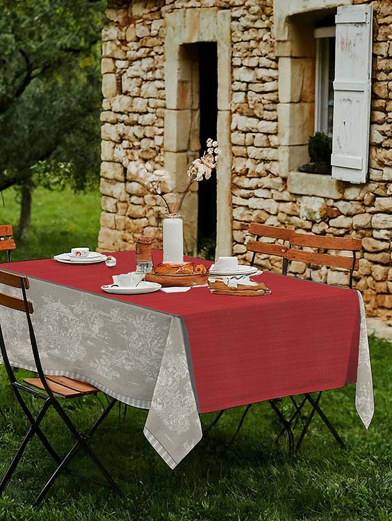 Toile de Jouy Red Teflon-Coated Jacquard Tablecloth