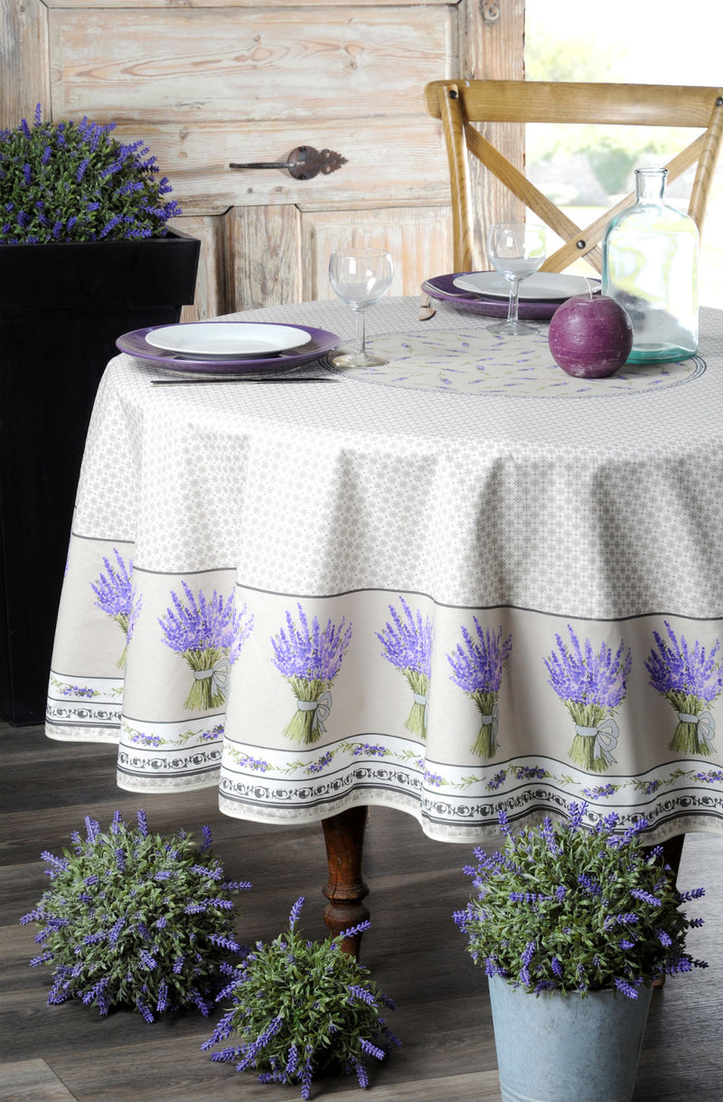 Lavandine Beige Coated Cotton Round Tablecloth