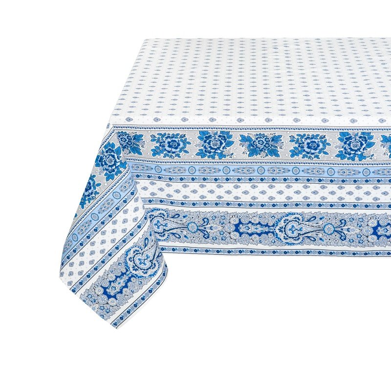 Bastide White/Blue Coated Cotton Tablecloth