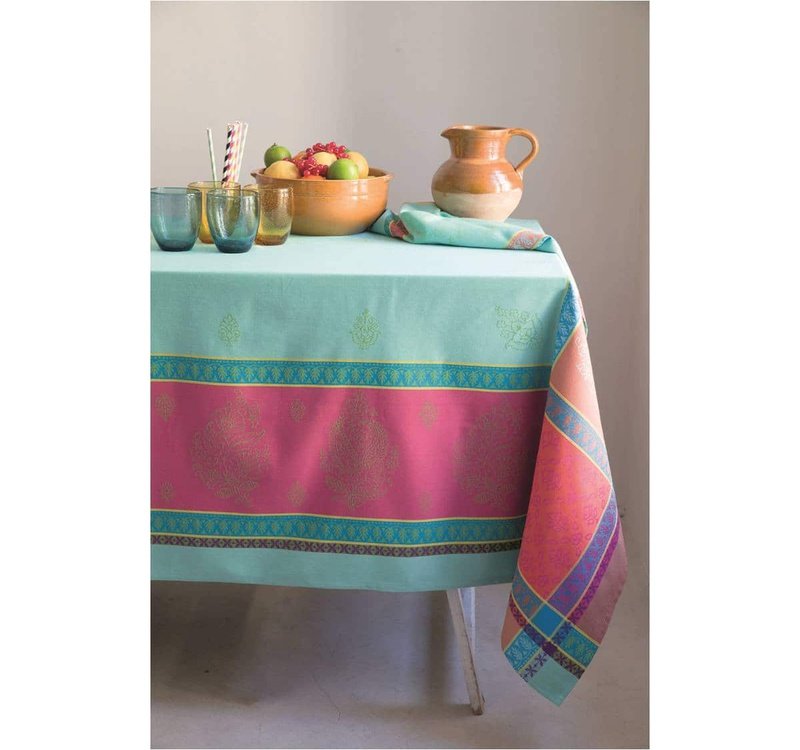 Cassis Turquoise Teflon-Coated Jacquard Tablecloth