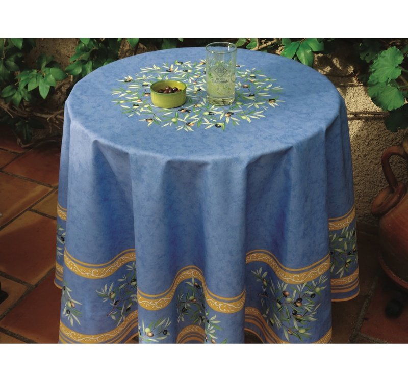 Clos des Oliviers Blue Coated Cotton Round Tablecloth