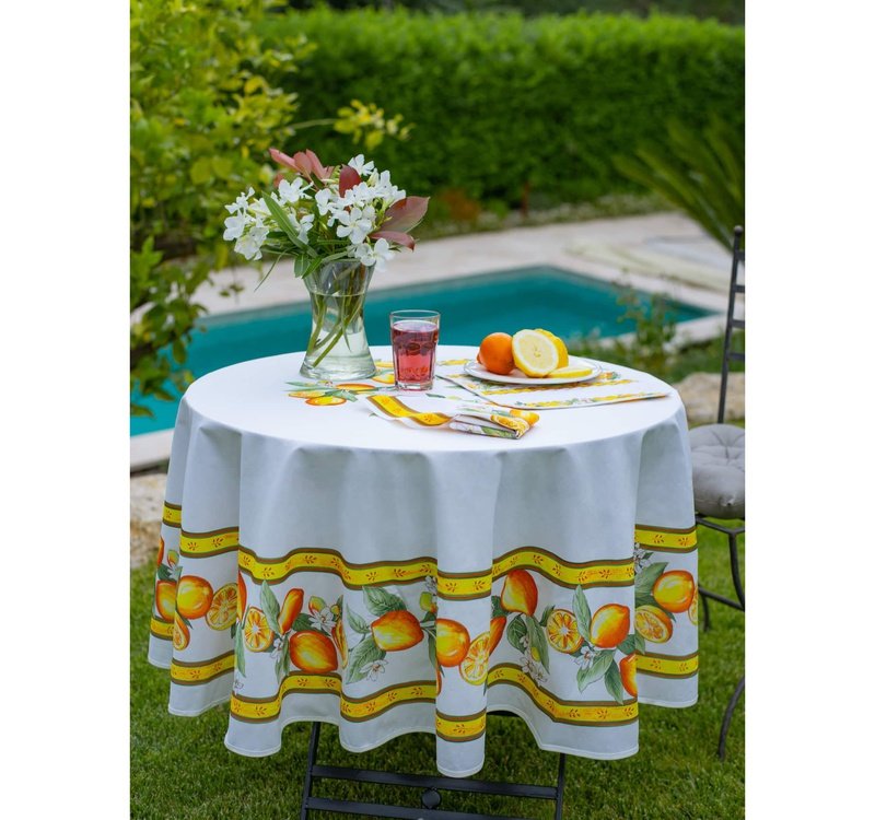 Citron White Coated Cotton Round Tablecloth