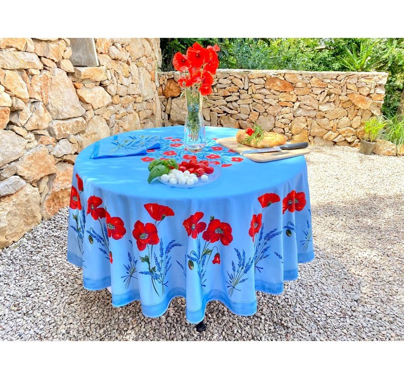 Poppy Light Blue Coated Cotton Round Tablecloth