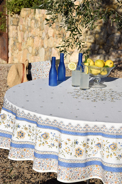Moustiers Blue Coated Cotton Round Tablecloth