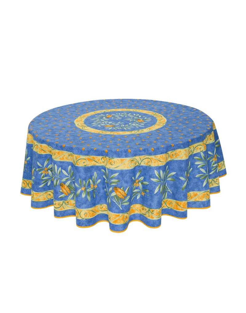 Cigale Blue Coated Cotton Round Tablecloth