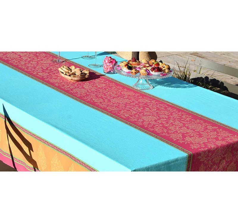 Caprice Turquoise Teflon-Coated Jacquard Tablecloth