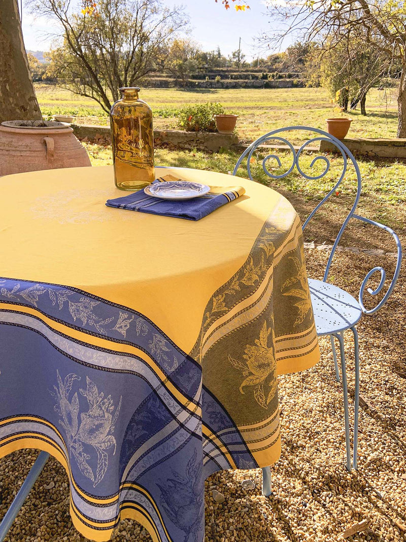 Citrus Yellow/Blue Teflon-Coated Jacquard Tablecloth