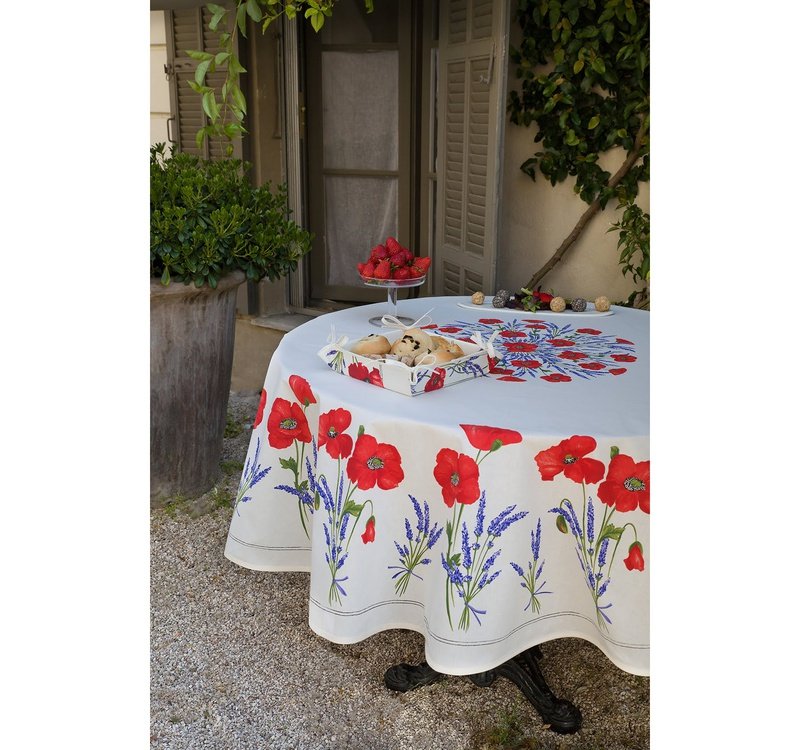 Poppy White Coated Cotton Round Tablecloth