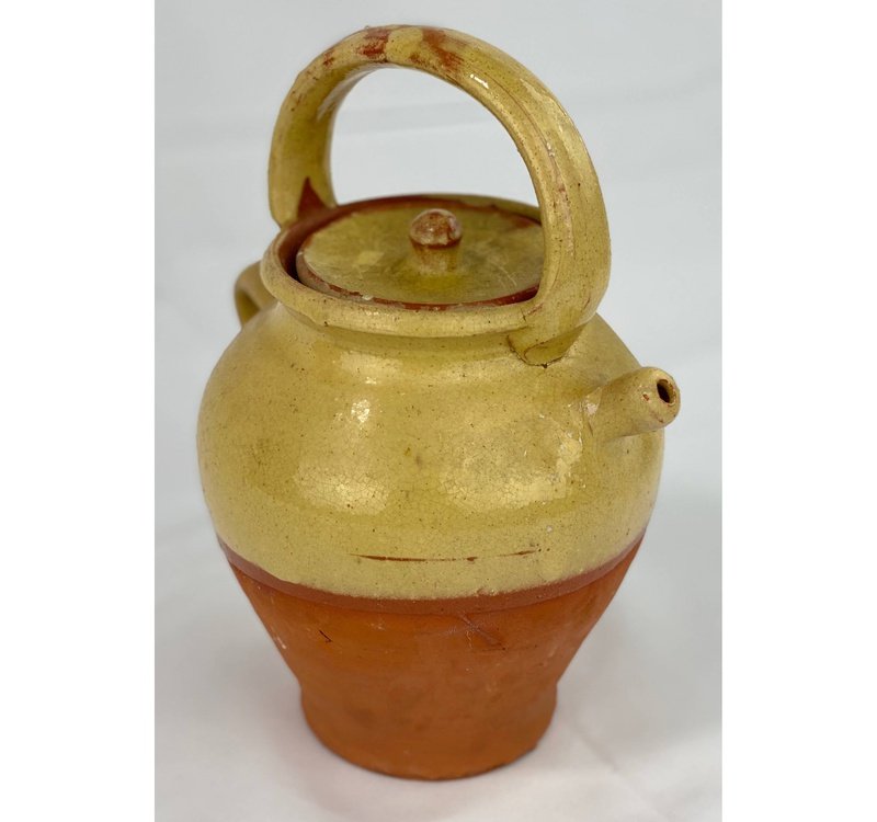Antique French Light Yellow Gargoulette with Lid (9” x 6.5")