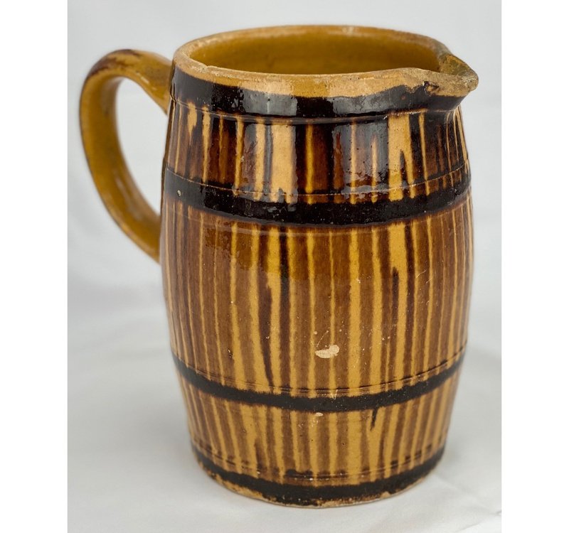 Antique Eastern France Yellow and Brown Stripe Pitcher (8" x 7.5" - High Handle)