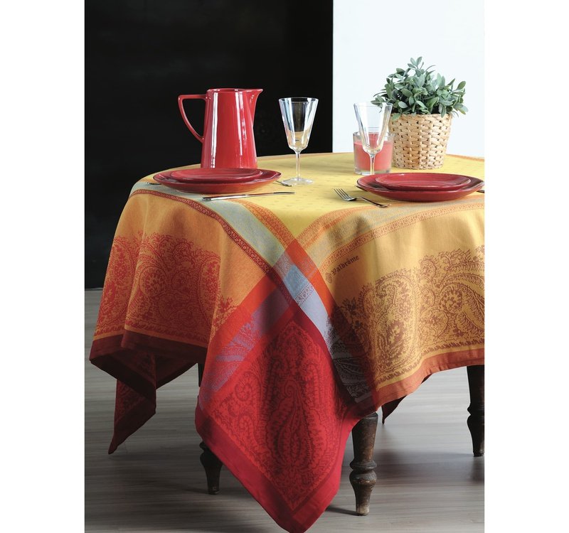 Kashmir Yellow/Red Teflon-Coated Jacquard Tablecloth