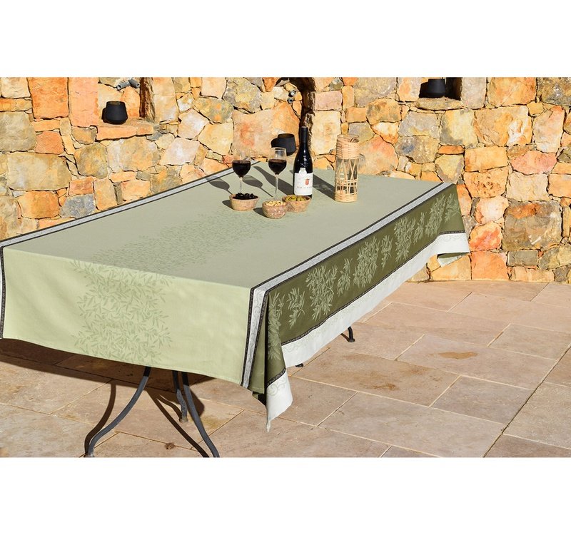 Olive Green Teflon-Coated Jacquard Tablecloth