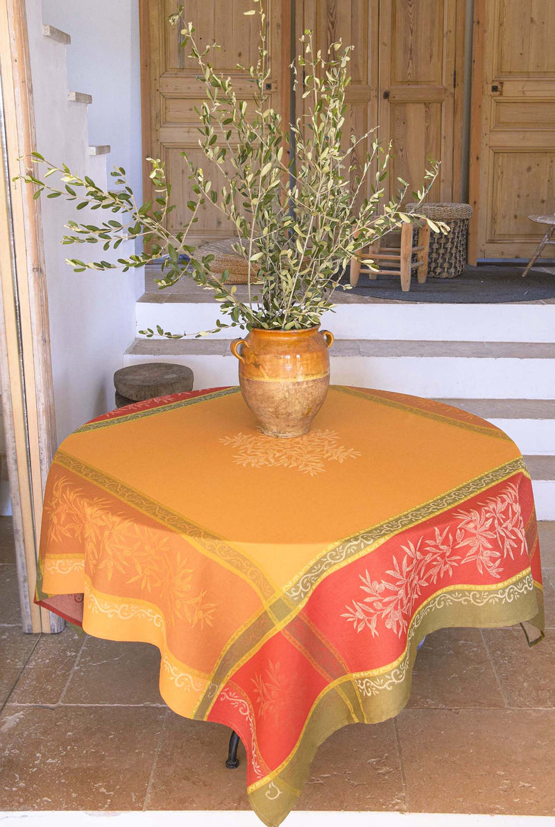 Olive Curry Teflon-Coated Jacquard Tablecloth