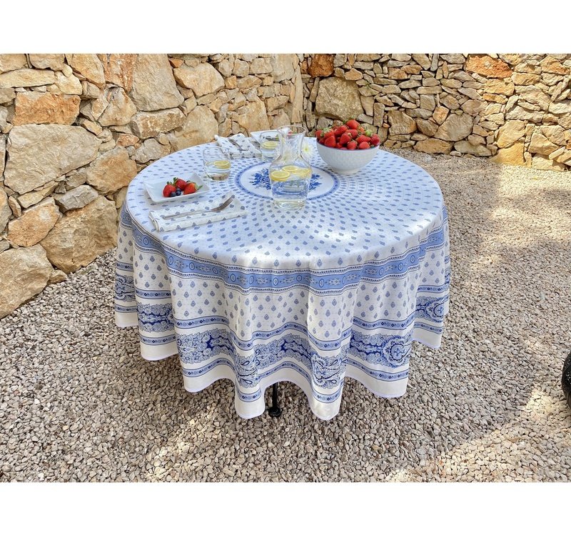 Bastide White/Blue Coated Cotton Round Tablecloth