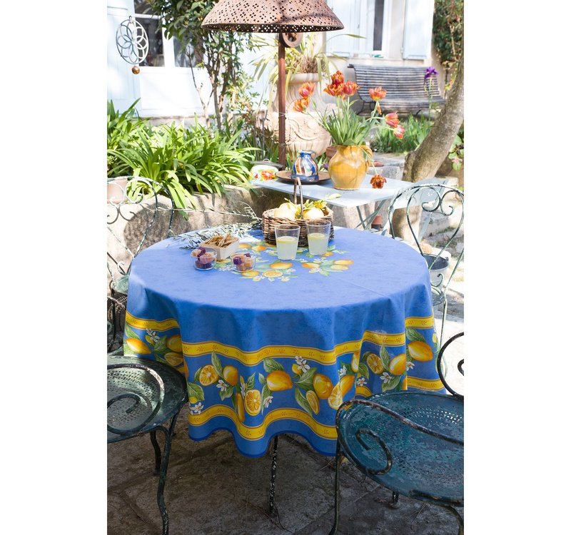 Citron Blue Coated Cotton Round Tablecloth